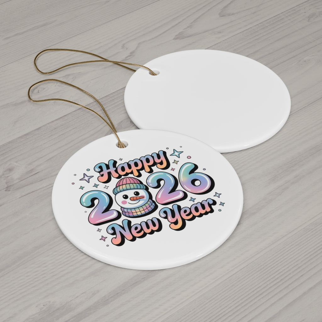 Happy 2026 New Year Ceramic Ornament - Festive Snowman Design | Circle Shape