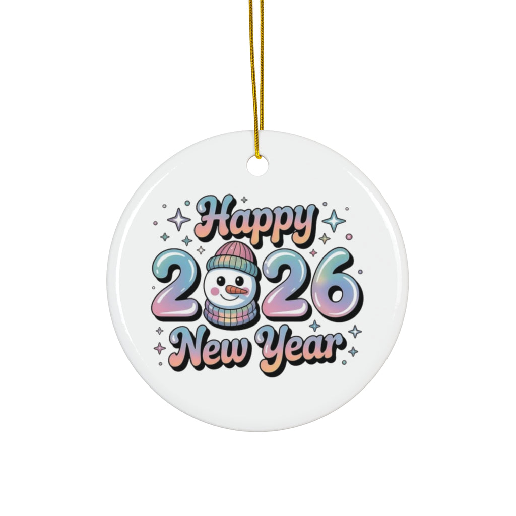 Happy 2026 New Year Ceramic Ornament - Festive Snowman Design | Circle Shape