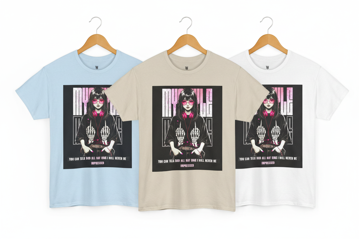 All three t-shirts hanging together - sky blue, beige, and white