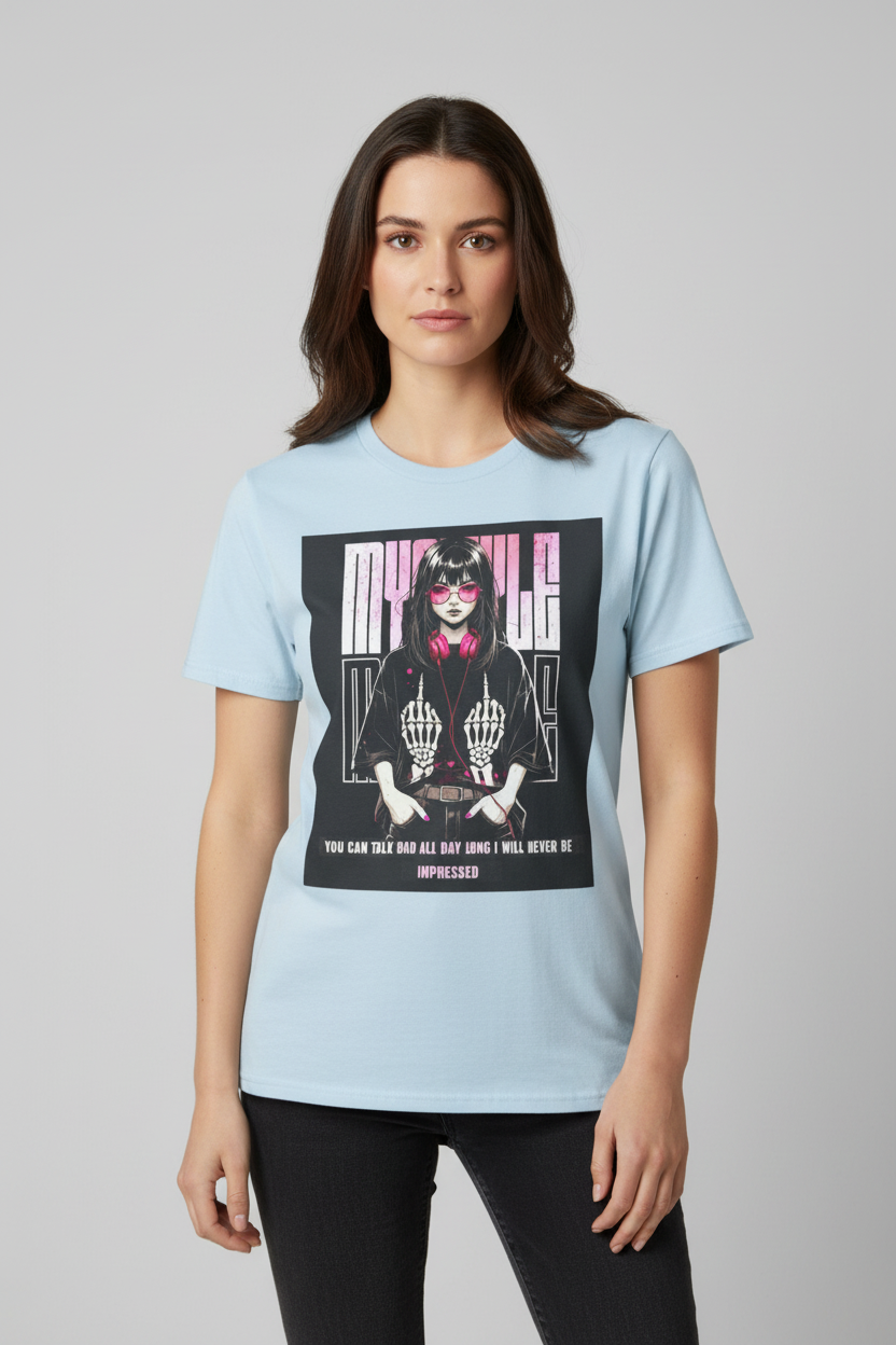 Female model wearing Never Be Impressed graphic t-shirt