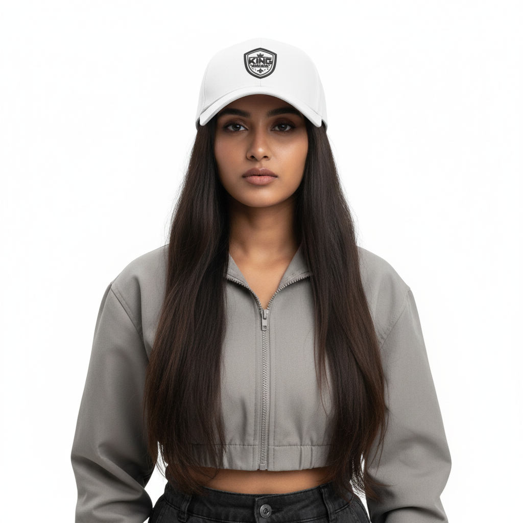 Female Model Wearing White KING ANKAGN Cap - Front