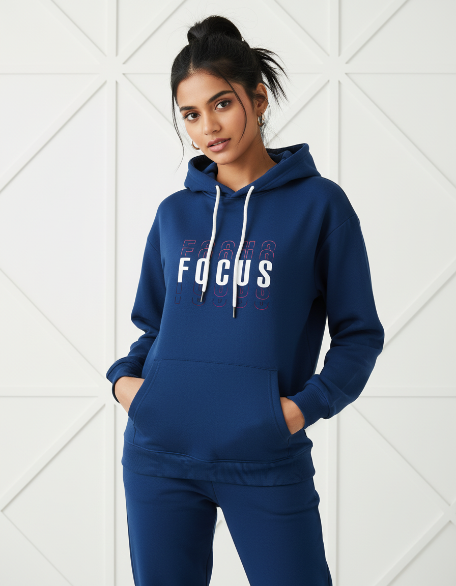 Focus Navy Blue Hoodie Female Mockup