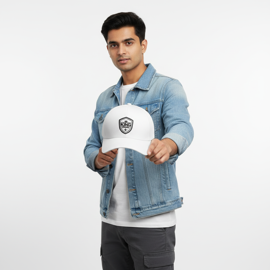 Male Model Holding White KING ANKAGN Cap