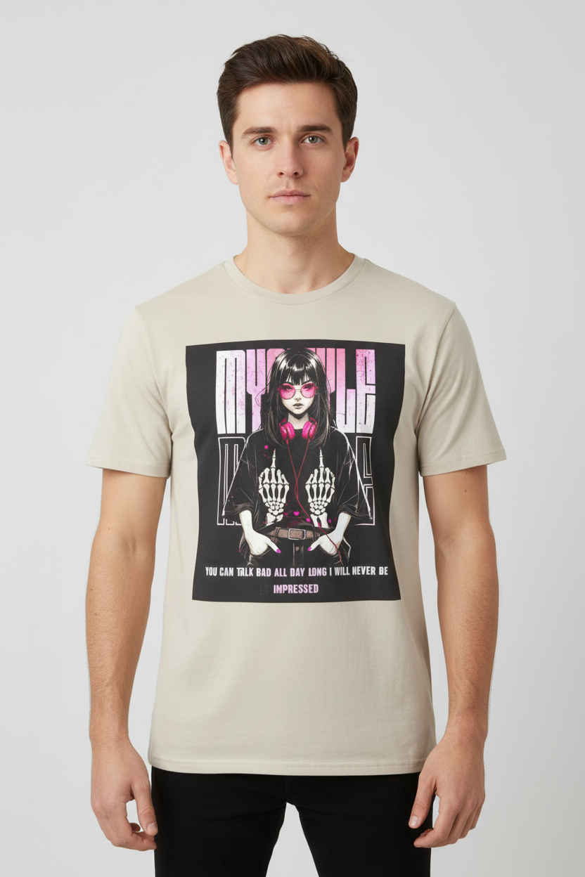 Male model wearing beige Never Be Impressed graphic t-shirt