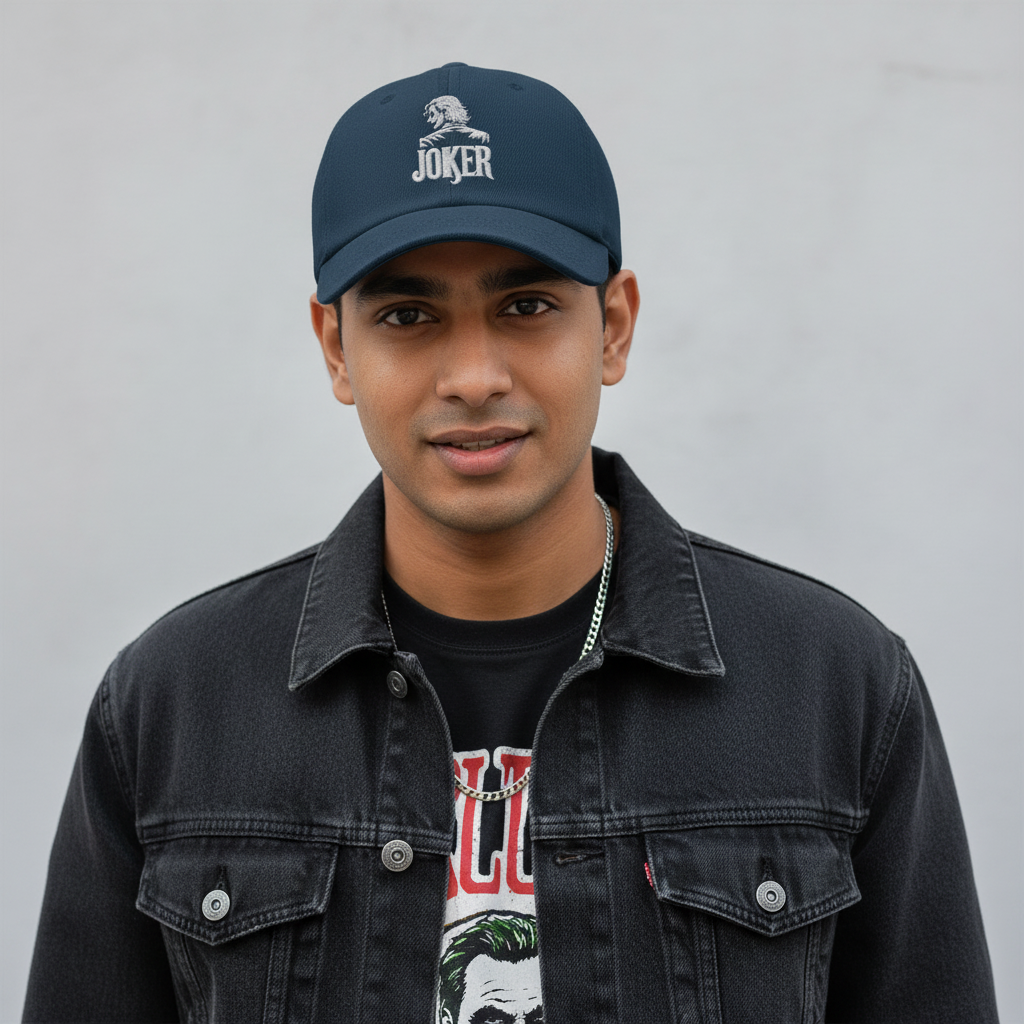 Male Model Wearing Denim Blue JOKER Cap