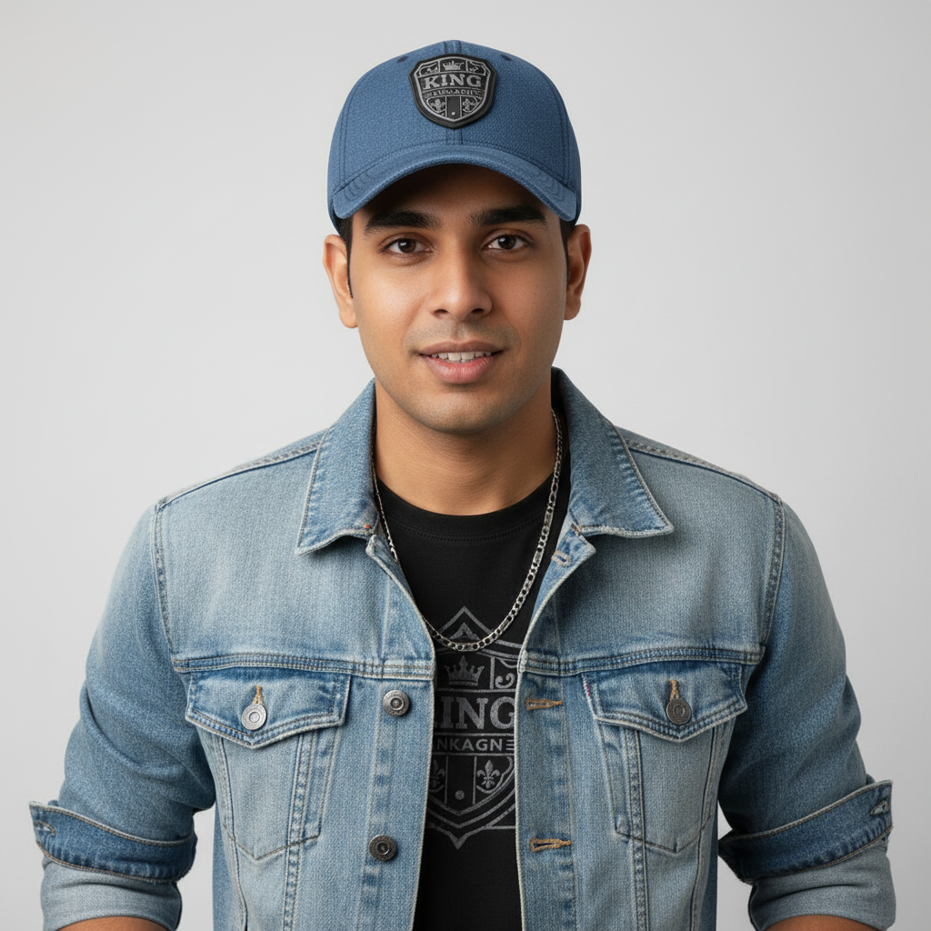Male Model Wearing Denim Blue KING ANKAGN Cap