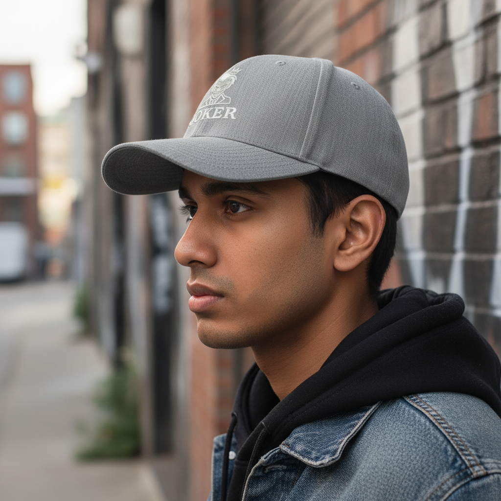 Male Model Wearing Grey JOKER Cap - Side View