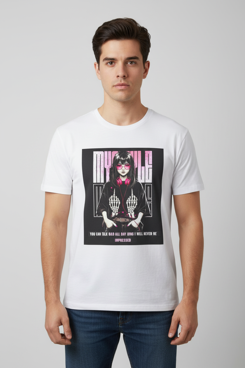 Male model wearing white Never Be Impressed graphic t-shirt