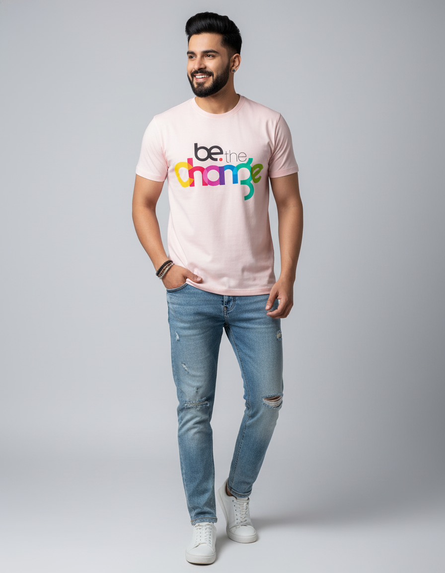 Man wearing Be The Change T-shirt