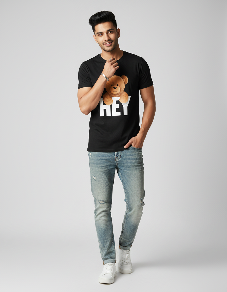 Man wearing HEY Bear T-shirt