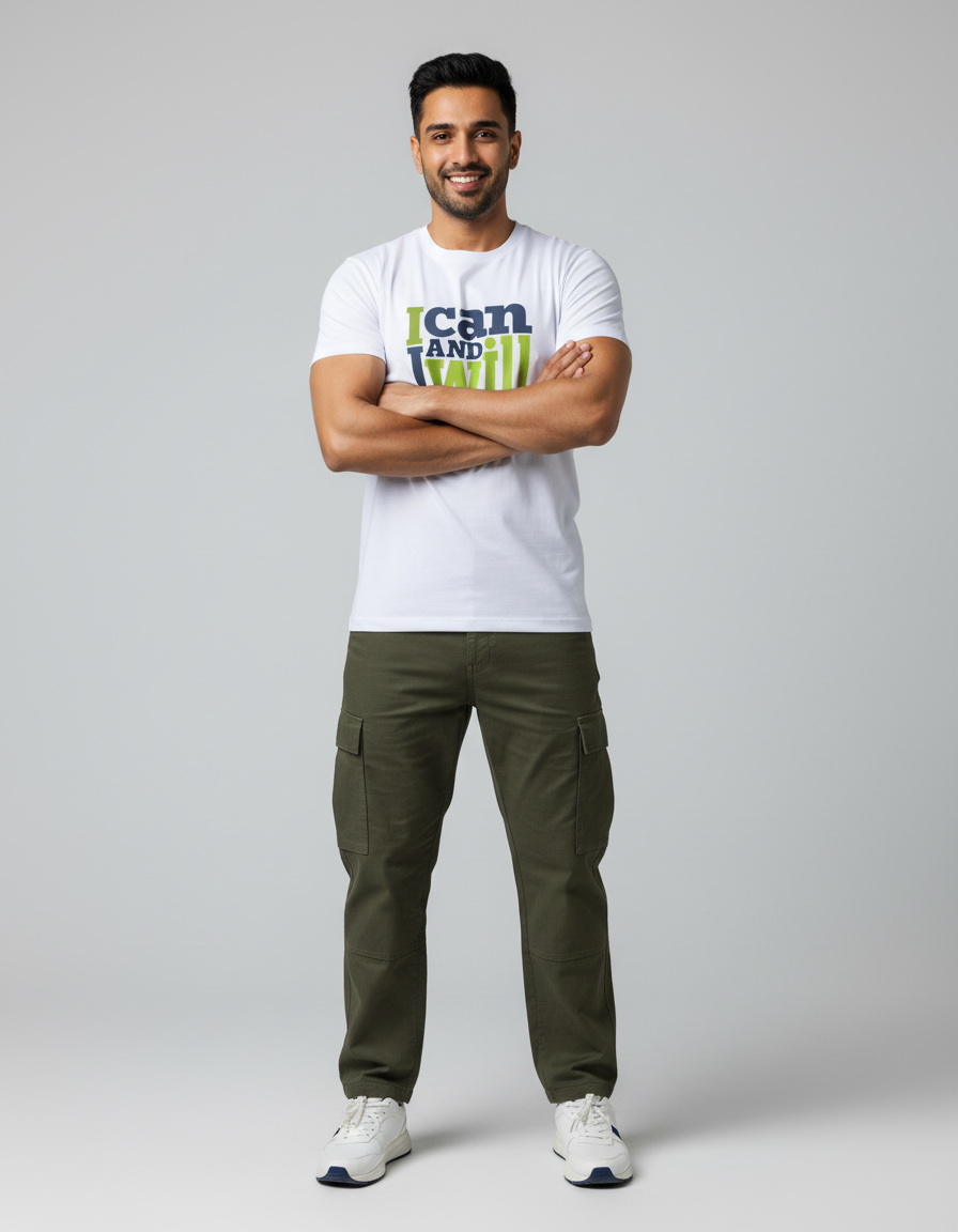 Man wearing I Can I Will T-shirt