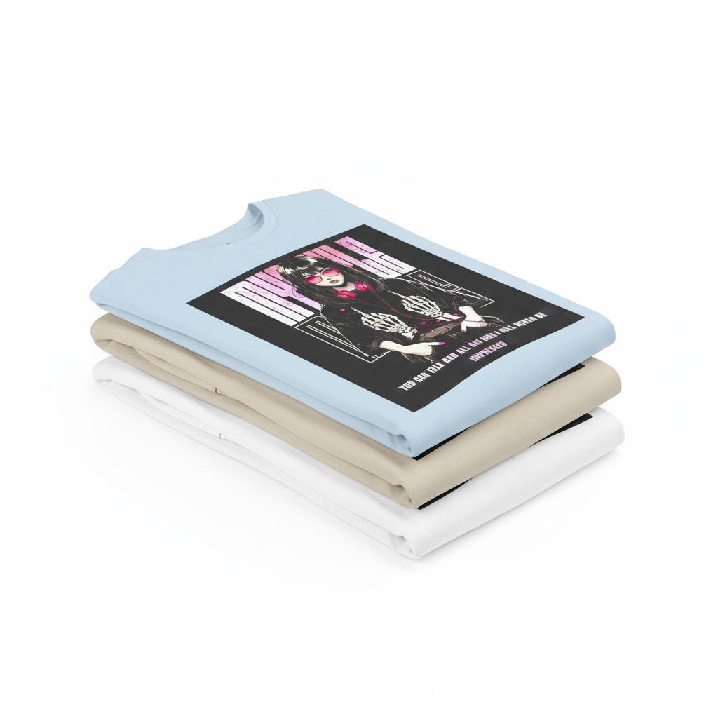 Three folded t-shirts stacked in layers - white, beige, sky blue