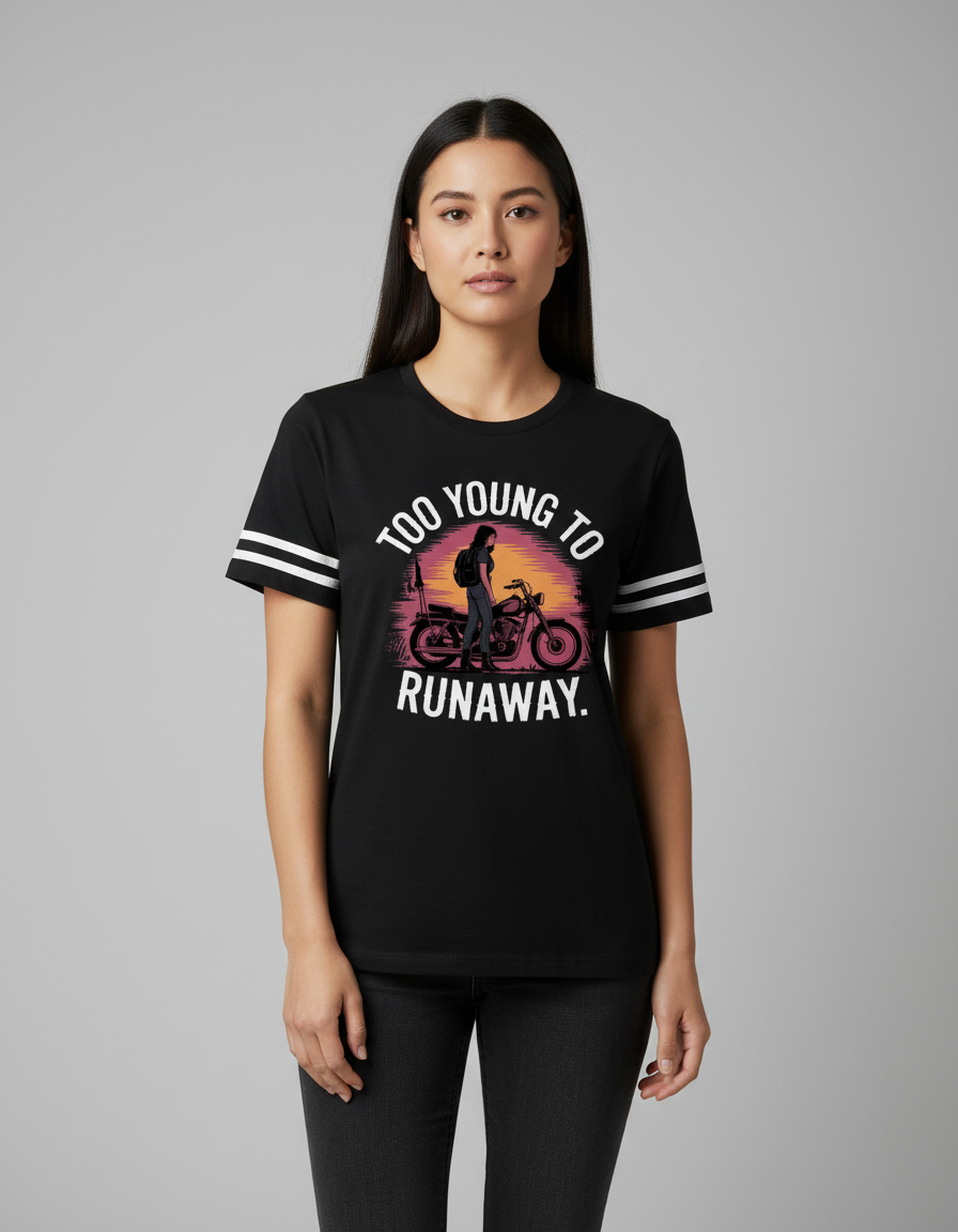 Woman in Too Young to Runaway t-shirt - Grey Background