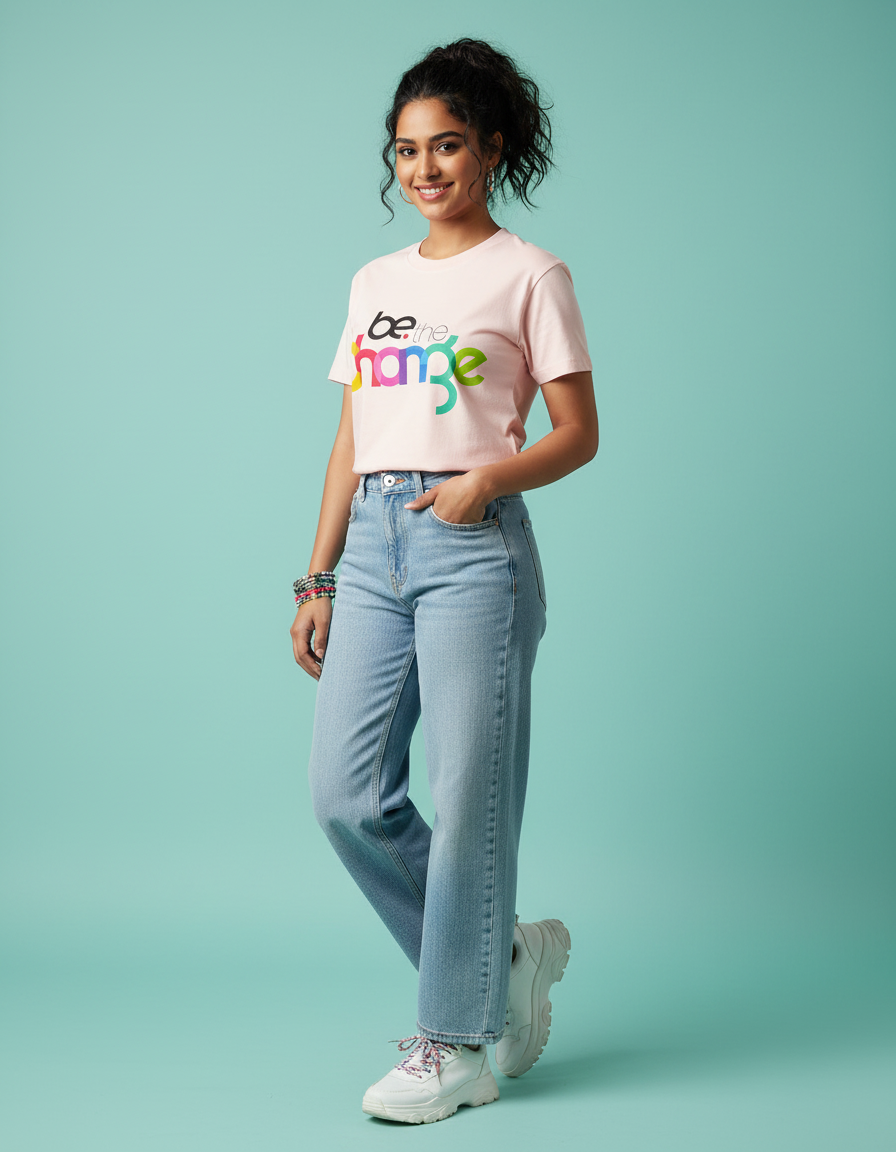 Woman wearing Be The Change T-shirt