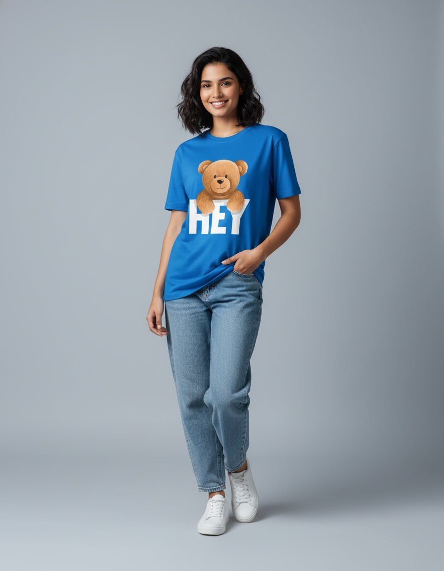 Woman wearing HEY Bear T-shirt