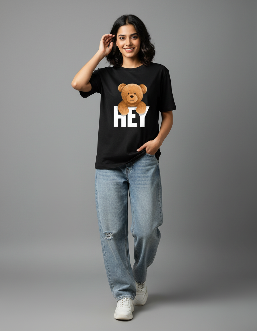 Woman wearing HEY Bear T-shirt