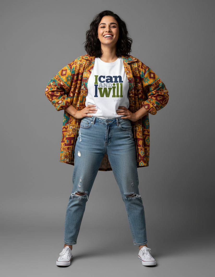 Woman wearing I Can I Will T-shirt