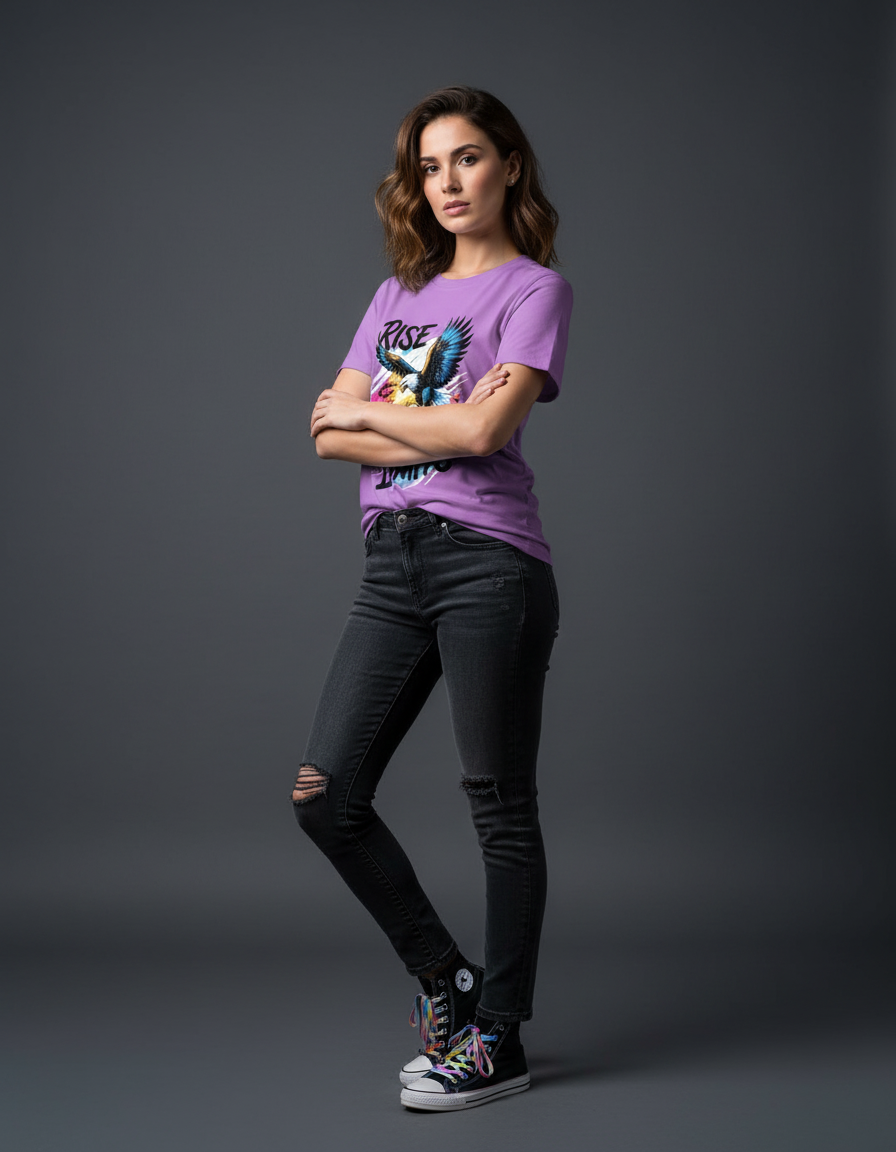 Woman wearing Rise Above Limits T-shirt