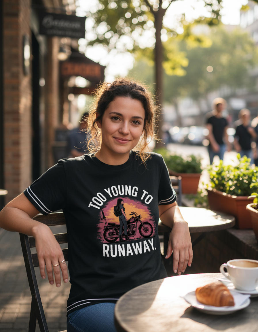Woman wearing Too Young to Runaway t-shirt - Image 1